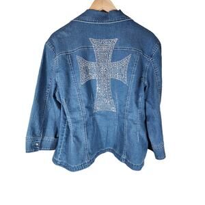 LADY NOIZ Blue Denim Rhinestone Cross Retro Open Front Lightweight Jacket SZ L